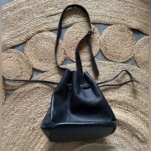 Black Leather Drawstring Bucket Bag - Unbranded